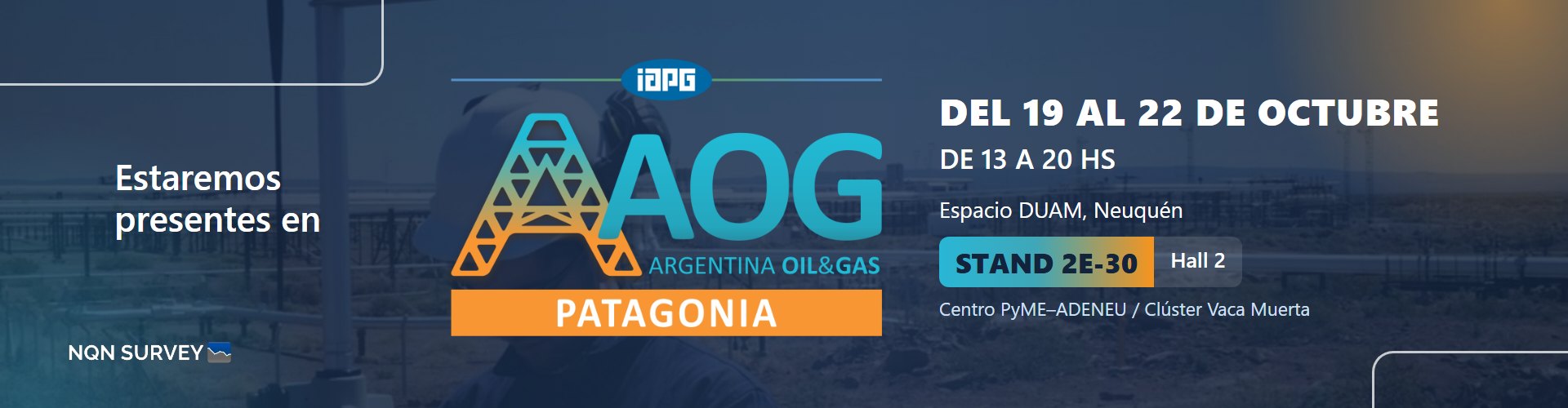 NQN Survey estará presente en AOG Patagonia 2026, del 19 al 22 de octubre de 13 a 20 h, Espacio DUAM, Neuquén. Stand 2E-30, Hall 2, Centro PyME–ADENEU / Clúster Vaca Muerta. Tocá para ver la invitación.